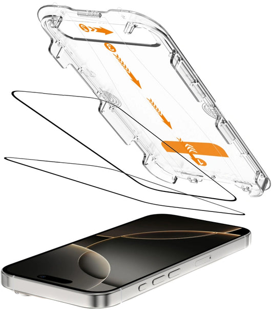 Pellicola Protettiva Schermo Tech-Protect Quick Set+ per Apple iPhone 16 Pro, Vetro Temperato, Full Glue, Set 2 pezzi, Nera