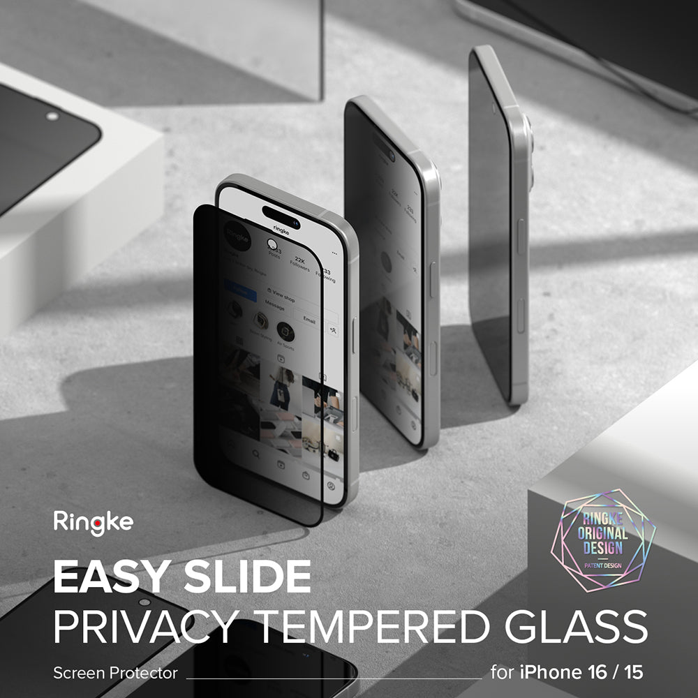 Protezione dello schermo della privacy Ringke Easy Slide per Apple iPhone 16 Pro Max, vetro protetto, colla completa, set 2 pezzi 