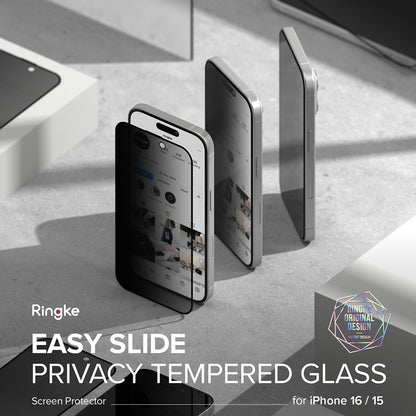 Protezione dello schermo della privacy Ringke Easy Slide per Apple iPhone 16 Pro Max, vetro protetto, colla completa, set 2 pezzi 