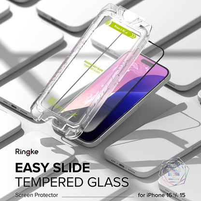 Ringke Easy Slide Screen Protector per Apple iPhone 16 / 15, protezione in vetro, colla completa, set 2 pezzi, nero