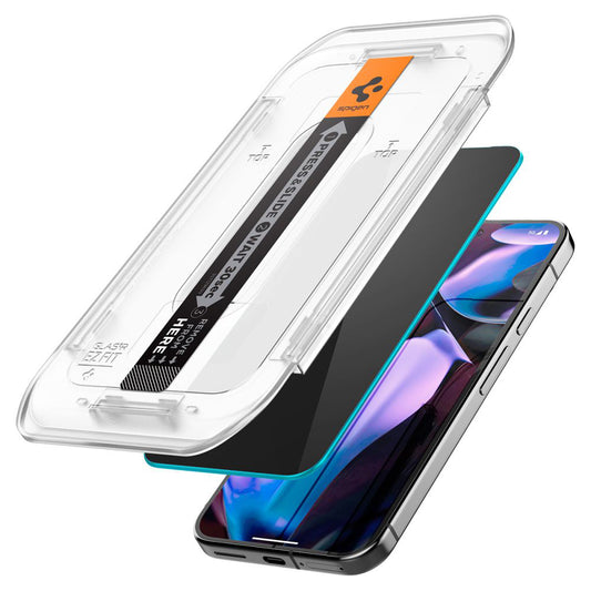 Pellicola protettiva per schermo Privacy Spigen GlastR EZ FIT per Google Pixel 9 / 9 Pro, Vetro temperato, Full Glue, Set 2 pezzi
