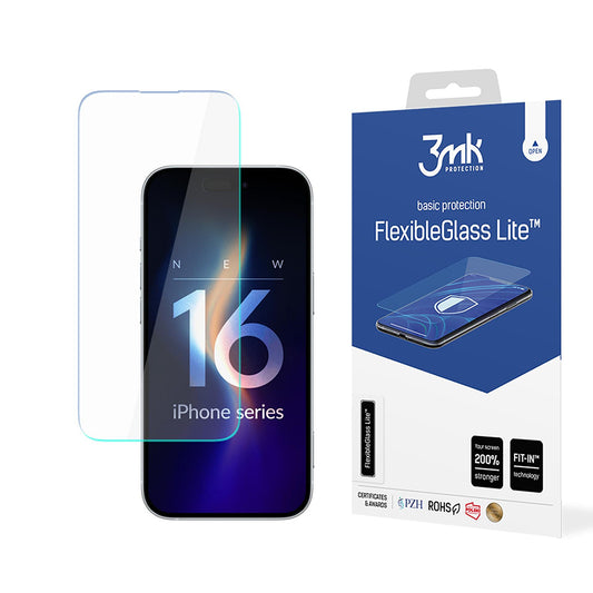 Pellicola protettiva per schermo 3MK FlexibleGlass Lite per Apple iPhone 16, Vetro Flessibile, Colla Completa