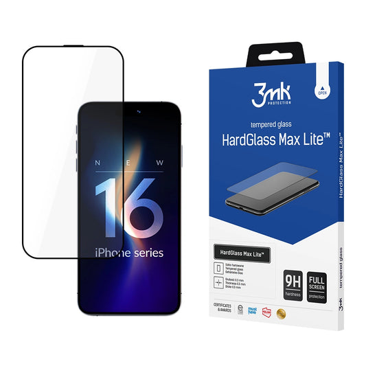 Pellicola Protettiva Schermo 3MK HardGlass Max Lite per Apple iPhone 17 / 16 Pro, Vetro Temperato, Full Glue, Nera