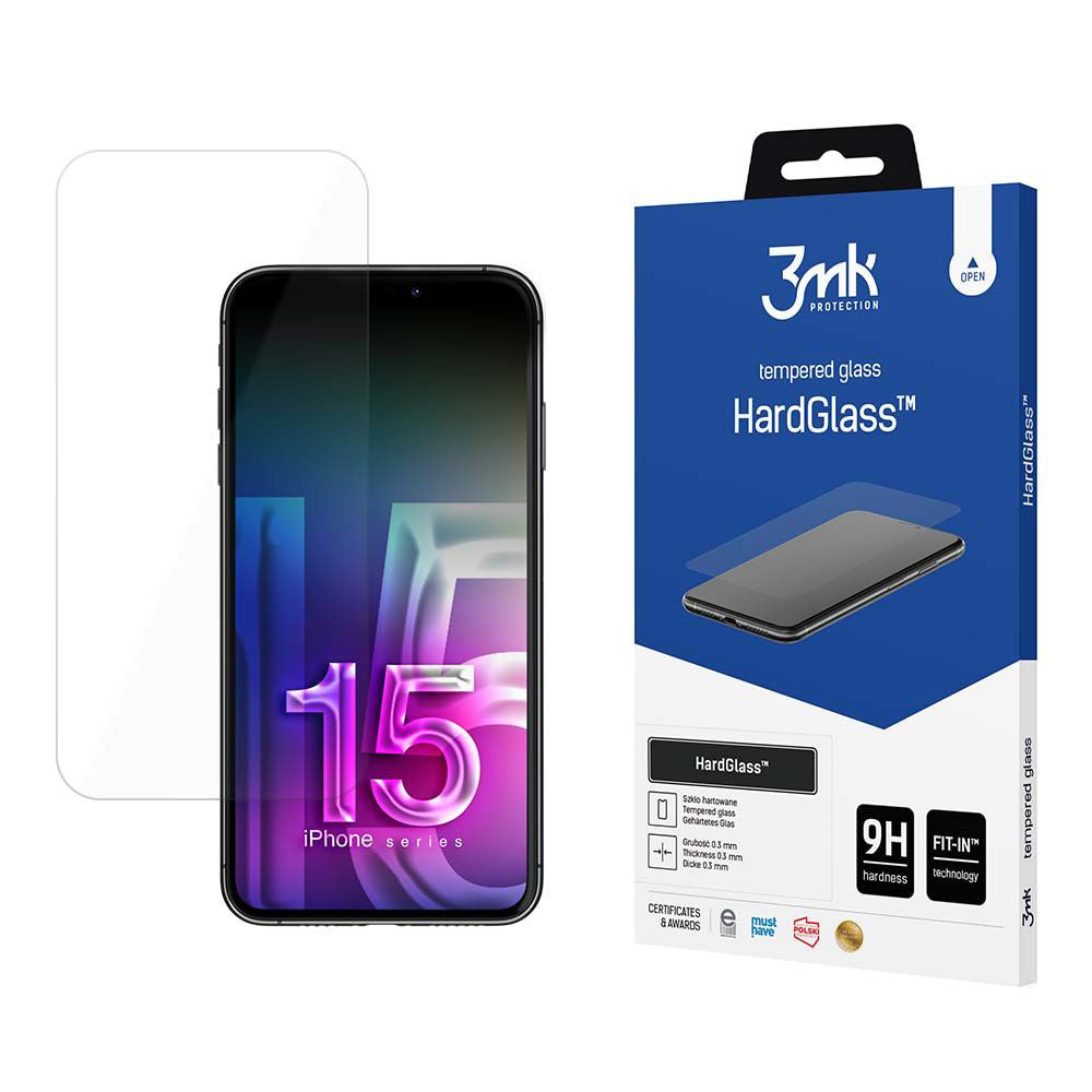 Pellicola protettiva per schermo 3MK HardGlass per Apple iPhone 15, Vetro Temperato, Full Glue