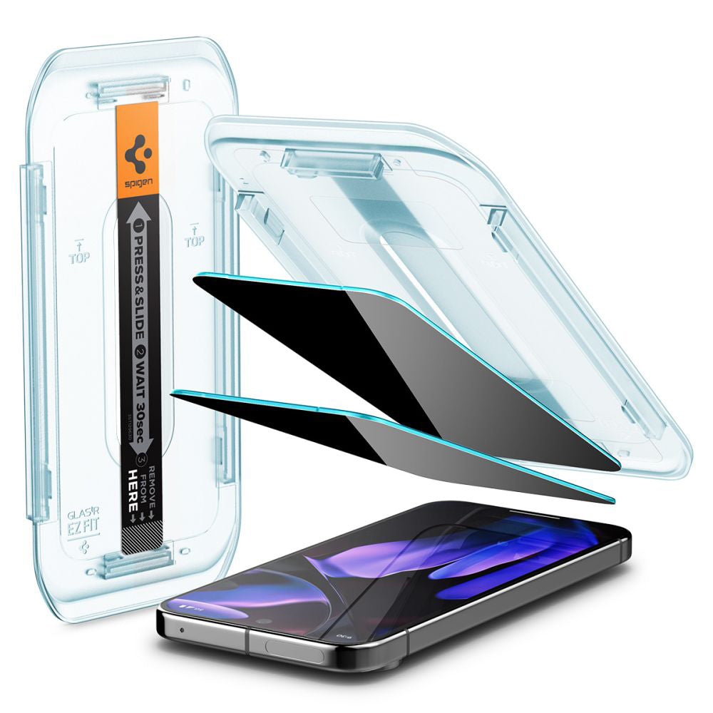 Pellicola protettiva per schermo Privacy Spigen GlastR EZ FIT per Google Pixel 9 / 9 Pro, Vetro temperato, Full Glue, Set 2 pezzi