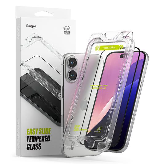 Ringke Easy Slide Screen Protector per Apple iPhone 16 Plus / 15 Plus, protezione in vetro, colla completa, set 2 pezzi, nero