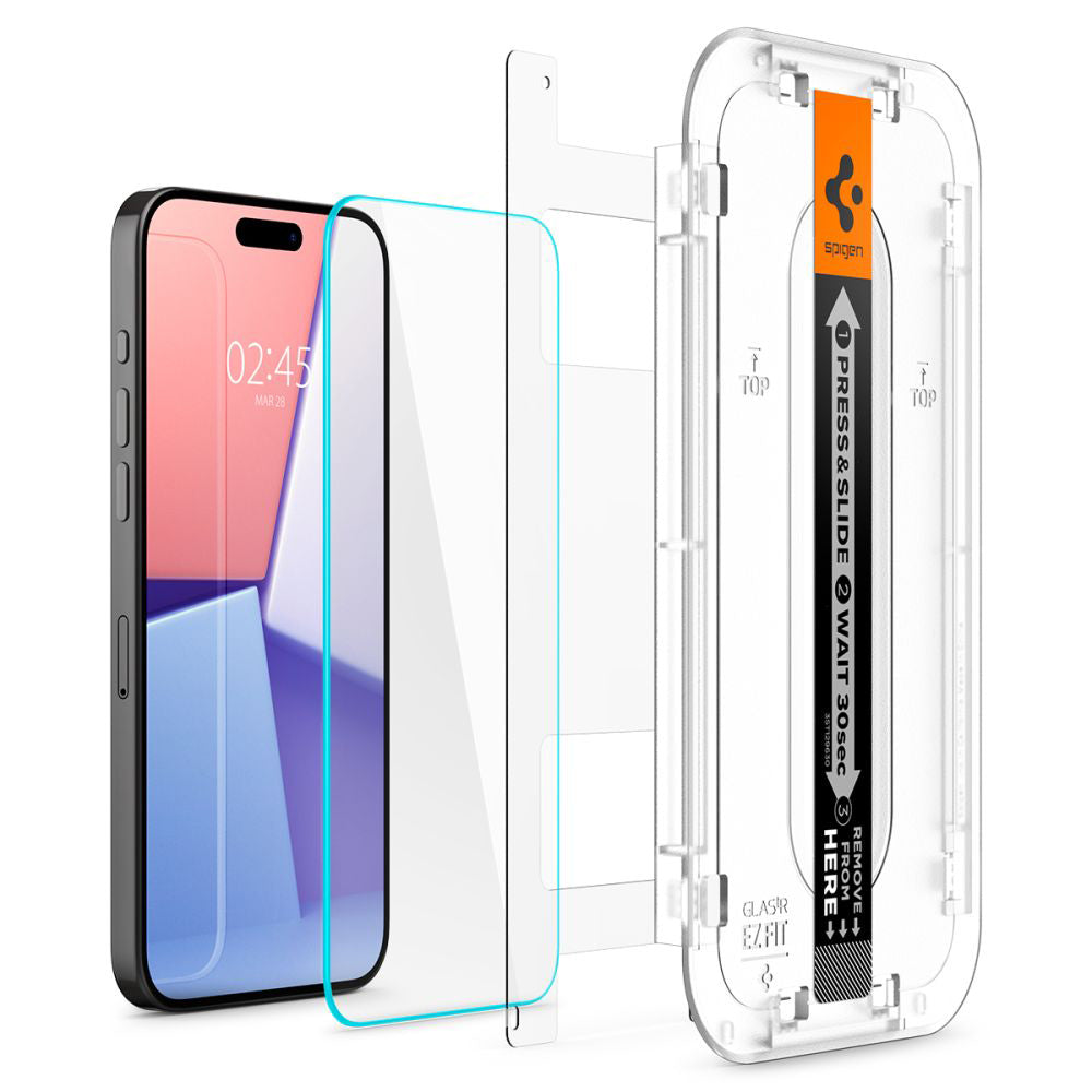 Pellicola protettiva per schermo Spigen GlastR EZ FIT per Apple iPhone 15 Pro, Vetro temperato, Full Glue, Set 2 pezzi AGL06892