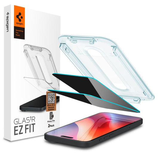 Pellicola Protettiva Schermo Privacy Spigen GlastR EZ FIT per Apple iPhone 16 / 15, Vetro Temperato, Full Glue, Set 2 pezzi AGL06905