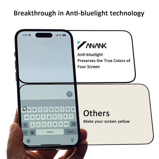 Pellicola protettiva per schermo Anti Blue Light Anank 3X Rinforzata per Apple iPhone 16 Pro Max, Vetro Temperato, Full Glue, 2.5D, Nero