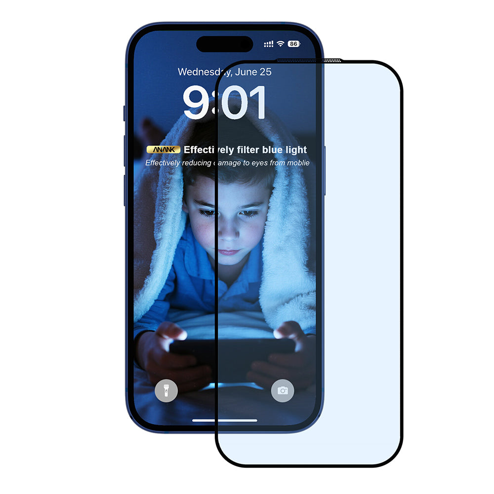 Pellicola Protettiva Schermo Anti Blue Light Anank 5X Rinforzata per Apple iPhone 17 Pro, Vetro Temperato, Full Glue, 2.5D, Nera