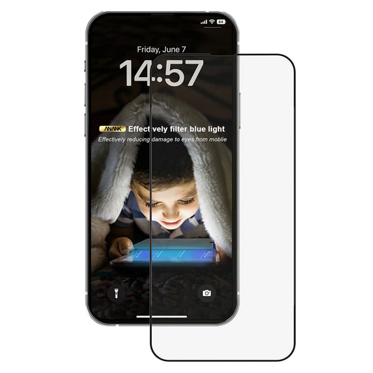 Pellicola protettiva per schermo Anti Blue Light Anank per Apple iPhone 14 Pro, Vetro temperato, Full Glue, 2.5D, Nero