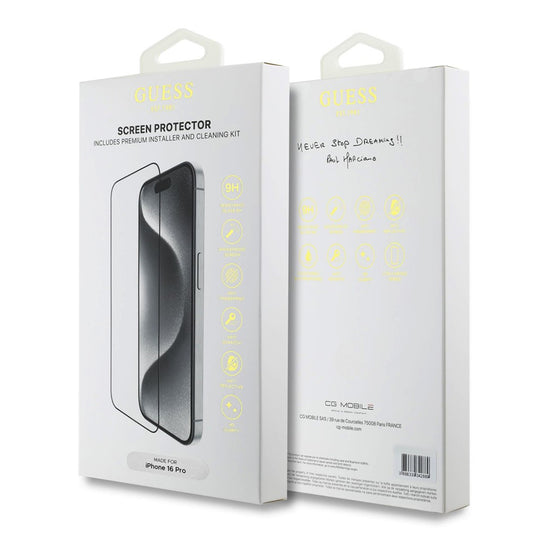 Pellicola protettiva Schermo Guess Classic Outline per Apple iPhone 16, Vetro Temperato, Full Glue, 2.5D, Nera GUTGP16SBOKGCIT