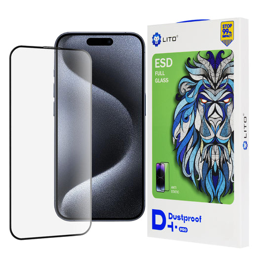 Lito D+ Pro Dustproof Screen Protector for Apple iPhone 15 Pro, Tempered Glass, Full Glue, Black