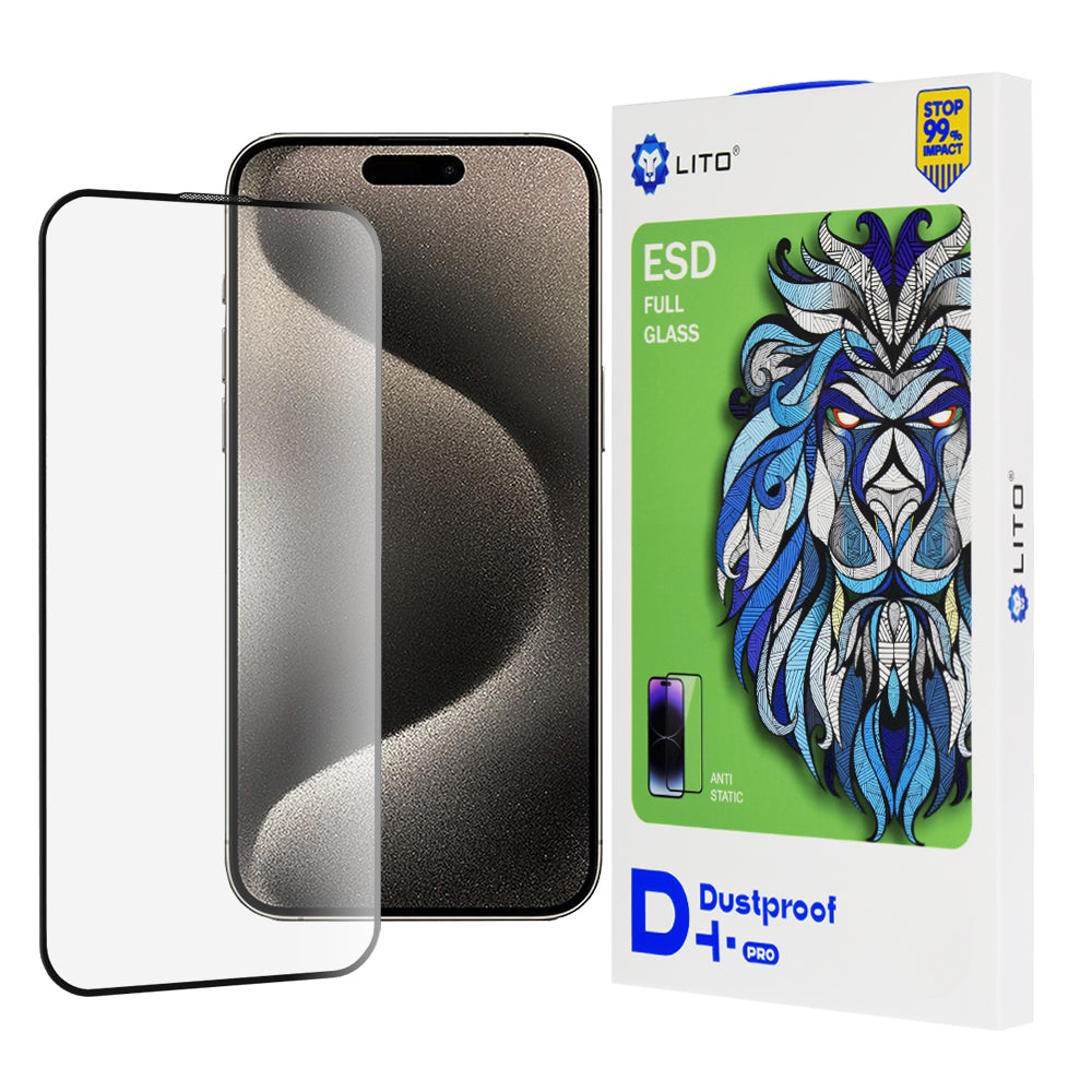 Pellicola protettiva per schermo Lito D+ Pro Dustproof per Apple iPhone 15, vetro temperato, adesivo completo, nero