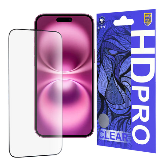 Pellicola protettiva per schermo Lito HD Pro Clear per Apple iPhone 16 Plus, Vetro temperato, Full Glue, Nero