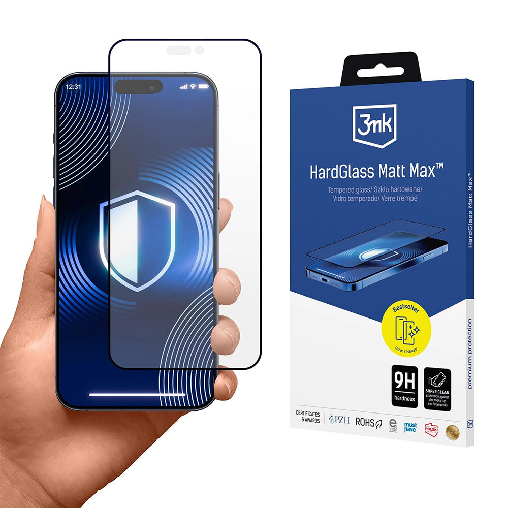 Pellicola Protettiva Schermo Matte 3MK HardGlass Max per Apple iPhone 17 Pro, Vetro Temperato, Full Glue, Nera