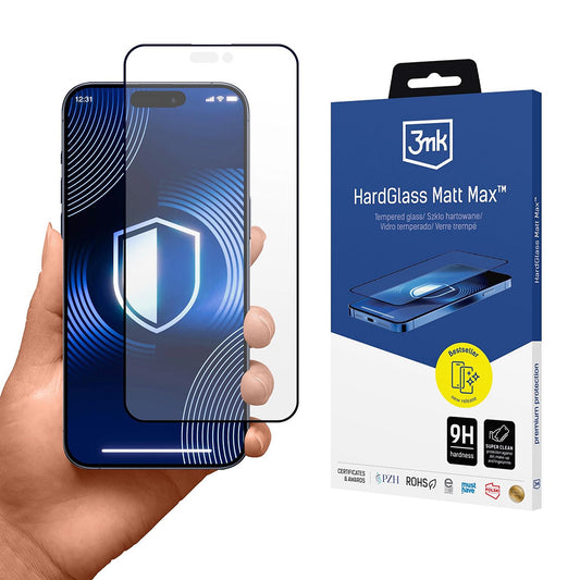 Pellicola Protettiva Schermo Matte 3MK HardGlass Max per Apple iPhone 17 Pro, Vetro Temperato, Full Glue, Nera