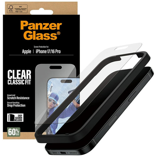 Pellicola Protettiva Schermo PanzerGlass Classic Fit EasyAligner per Apple iPhone 17 / 16 Pro, Vetro Temperato, Full Glue