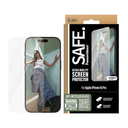 Pellicola Protettiva Schermo PanzerGlass Safe. Ultra-Wide Fit per Apple iPhone 16 Pro, Vetro Temperato, Full Glue.