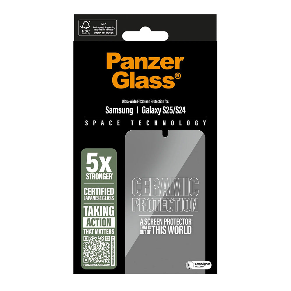 Pellicola Protettiva Schermo PanzerGlass Ultra-Wide Ceramic EasyAligner per Samsung Galaxy S25 S931 / S24 S921, Vetro Temperato, Full Glue