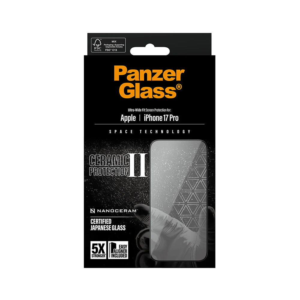 Pellicola Protettiva Schermo PanzerGlass Ultra-Wide Ceramic II EasyAligner per Apple iPhone 17 Pro, Vetro Temperato, Full Glue, Nera