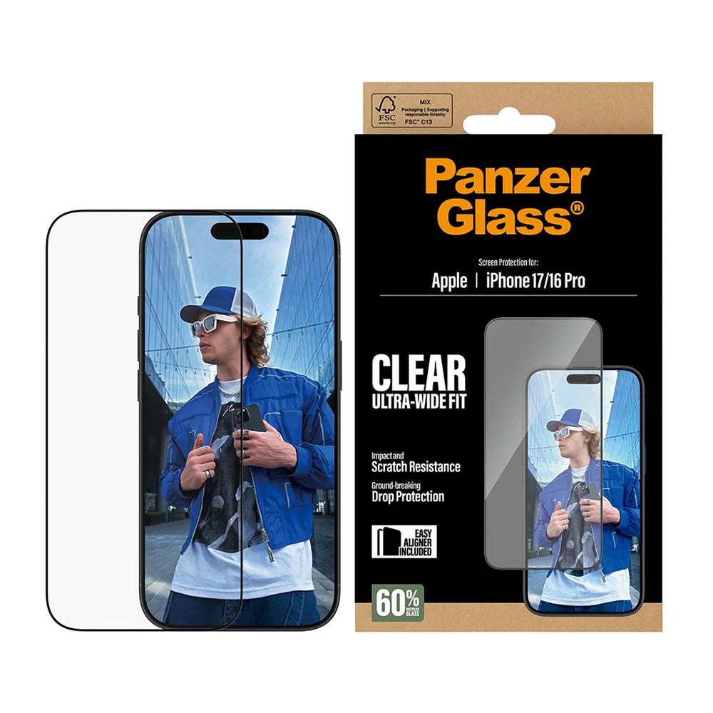 Pellicola protettiva schermo PanzerGlass Ultra-Wide Fit EasyAligner per Apple iPhone 17 / 16 Pro, Vetro Temperato, Full Glue, Nera