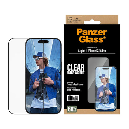 Pellicola protettiva schermo PanzerGlass Ultra-Wide Fit EasyAligner per Apple iPhone 17 / 16 Pro, Vetro Temperato, Full Glue, Nera