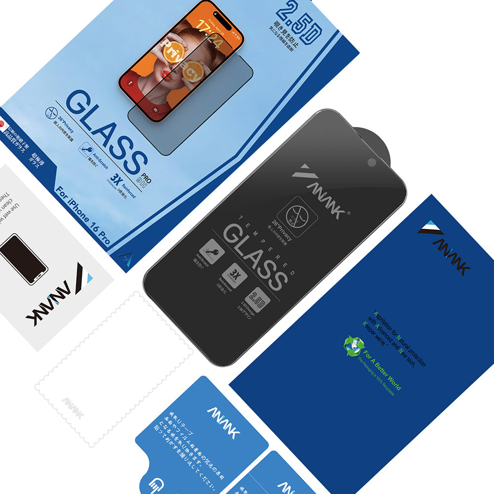 Pellicola protettiva per schermo Privacy Anank 3X Rinforzata per Apple iPhone 17e / 16e / 14 / 13 Pro, Vetro Temperato, Colla Completa, 2.5D