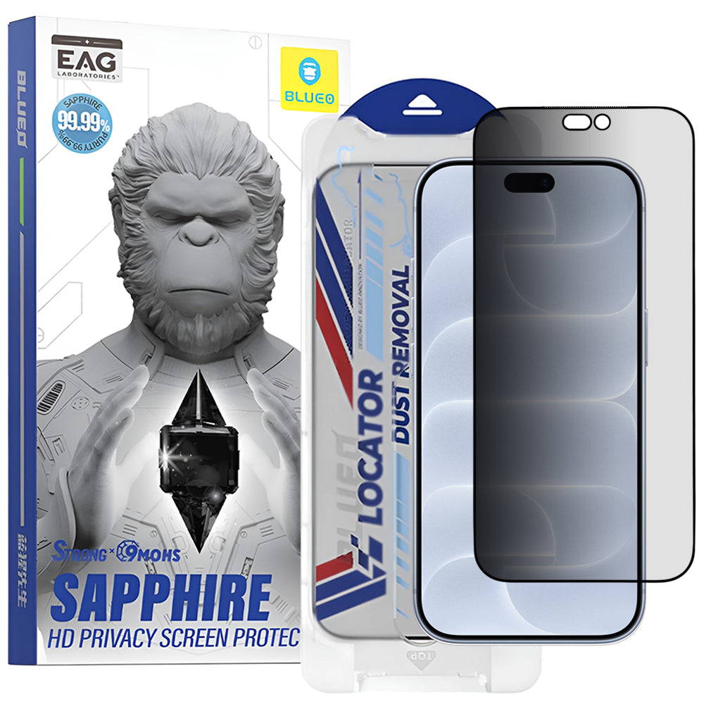 Pellicola protettiva per schermo Privacy Blueo Premium Sapphire Applicator per Apple iPhone 18 Pro, vetro temperato, Full Glue