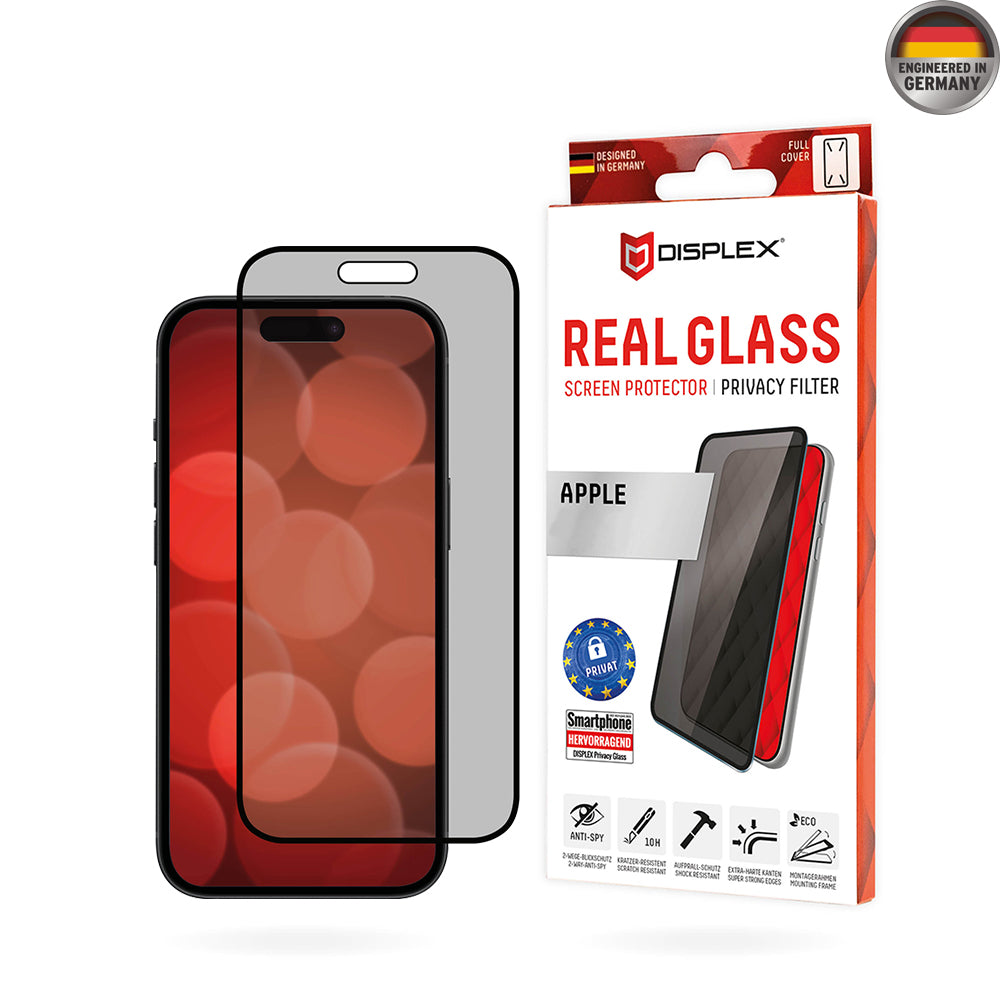 Pellicola Protettiva Schermo Privacy Displex Real Glass per Apple iPhone 16 Plus, Vetro Temperato, Full Glue