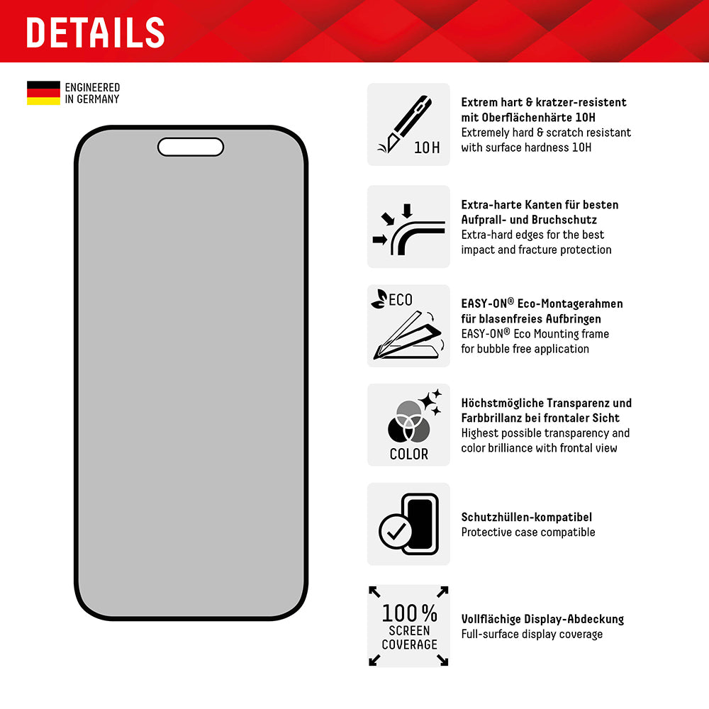 Pellicola Protettiva Schermo Privacy Displex Real Glass per Apple iPhone 16 Plus, Vetro Temperato, Full Glue