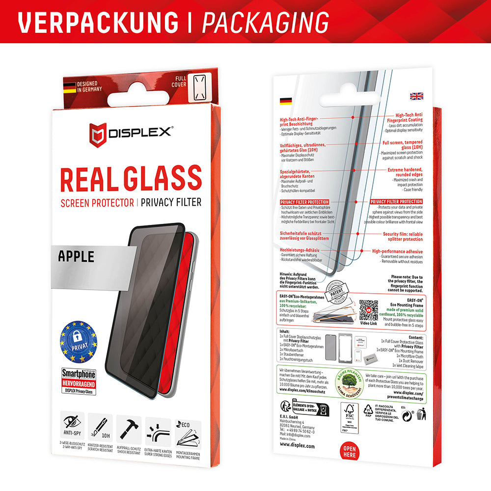 Pellicola Protettiva Schermo Privacy Displex Real Glass per Apple iPhone 16 Plus, Vetro Temperato, Full Glue