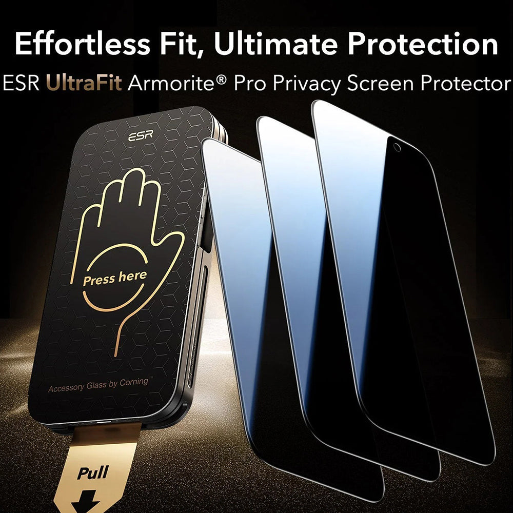 Pellicola protettiva Privacy Screen ESR UltraFit Armorite Pro per Apple iPhone 17 Pro Max, Vetro Temperato, Full Glue, Set 3 pezzi