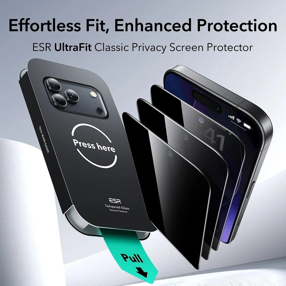 Pellicola protettiva per schermo Privacy ESR UltraFit Classic per Apple iPhone 18 Pro, Vetro temperato, Colla completa, Set da 3 pezzi