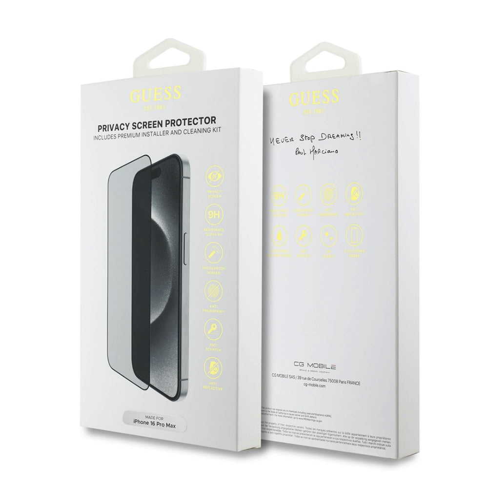 Pellicola Protettiva Privacy Guess per Apple iPhone 16, Vetro Temperato, Full Glue, 2.5D, GUTGP16SBOKGCIP