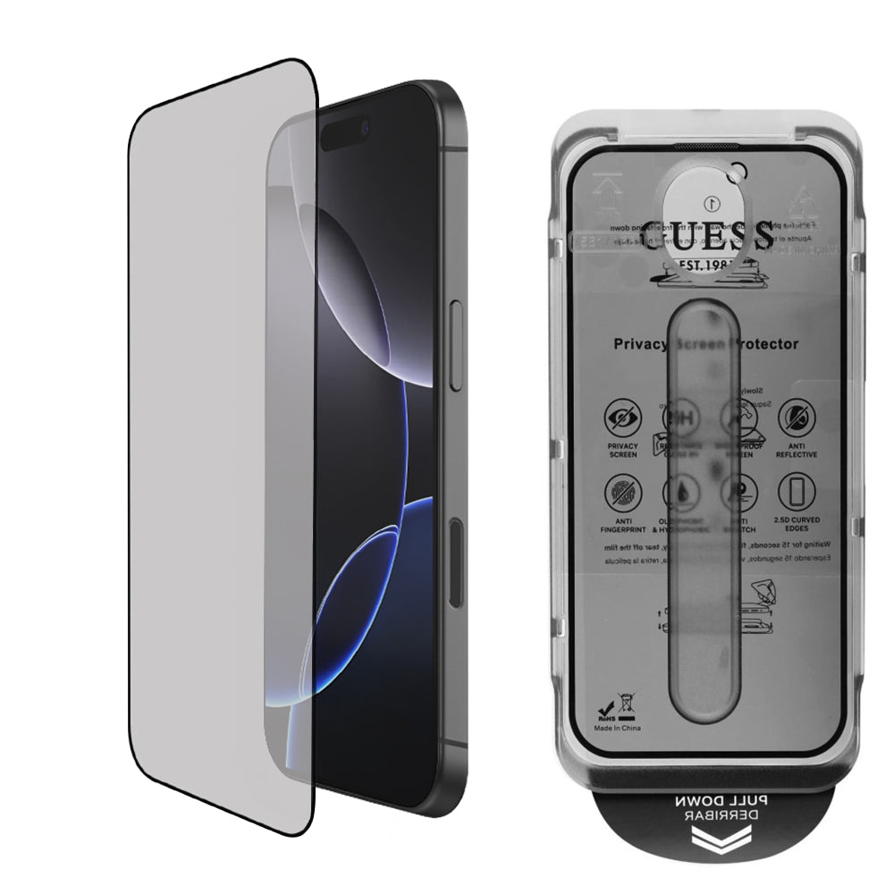 Pellicola Protettiva Privacy Guess per Apple iPhone 16, Vetro Temperato, Full Glue, 2.5D, GUTGP16SBOKGCIP