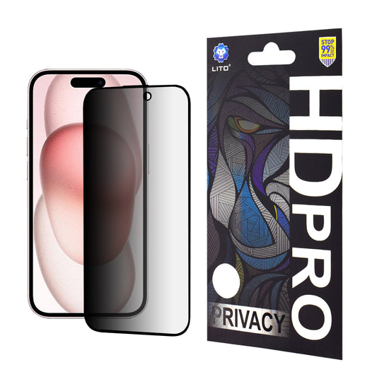 Privacy Screen Protector Lito HD Pro for Apple iPhone 15, Tempered Glass, Full Glue