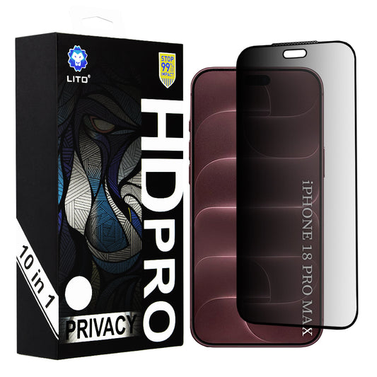 Pellicola protettiva Privacy Lito HD Pro per schermo Apple iPhone 18 Pro Max, vetro temperato, adesivo integrale, confezione da 10 pezzi