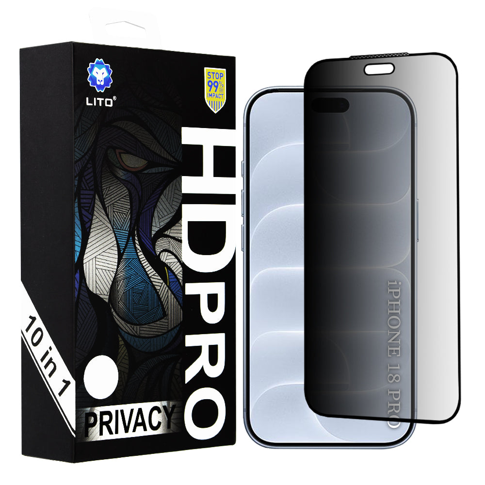 Pellicola protettiva per schermo Privacy Lito HD Pro per Apple iPhone 18 Pro, vetro temperato, Full Glue, set da 10 pezzi
