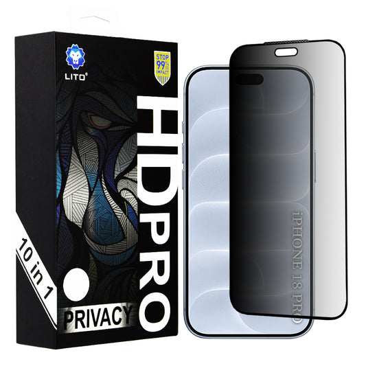 Pellicola protettiva per schermo Privacy Lito HD Pro per Apple iPhone 18 Pro, vetro temperato, Full Glue, set da 10 pezzi
