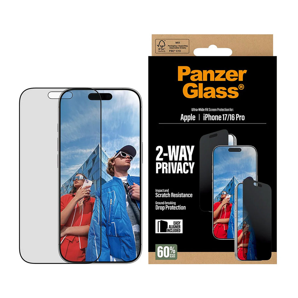 Pellicola Protettiva Schermo Privacy PanzerGlass Ultra-Wide Fit 2-Way EasyAligner per Apple iPhone 17 / 16 Pro, Vetro Temperato, Full Glue