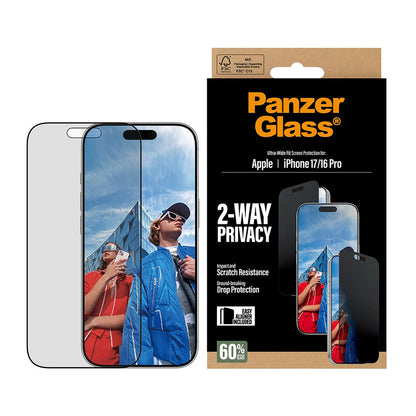 Pellicola Protettiva Schermo Privacy PanzerGlass Ultra-Wide Fit 2-Way EasyAligner per Apple iPhone 17 / 16 Pro, Vetro Temperato, Full Glue