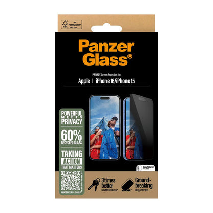 Pellicola Protettiva Schermo Privacy PanzerGlass Ultra-Wide Fit EasyAligner per Apple iPhone 16 / 15, Vetro Temperato, Full Glue