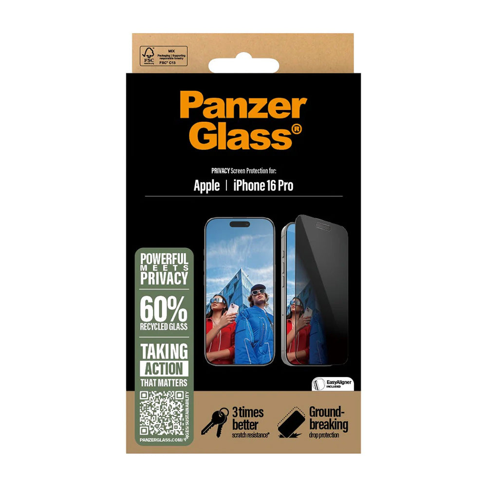 Pellicola Protettiva Schermo Privacy PanzerGlass Ultra-Wide Fit EasyAligner per Apple iPhone 16 Pro, Vetro Temperato, Full Glue