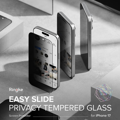 Pellicola protettiva per schermo Privacy Ringke Easy Slide per Apple iPhone 17 Pro, Vetro temperato, Colla completa, Set da 2 pezzi