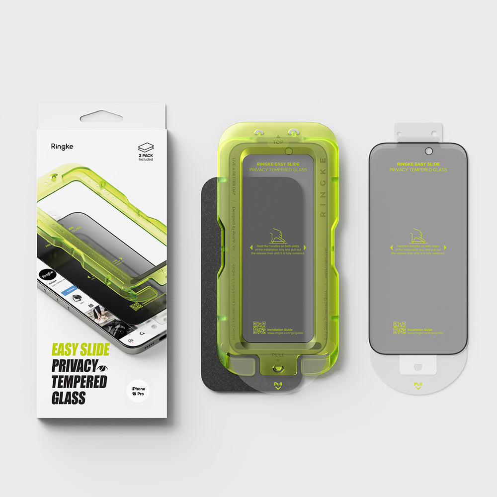 Pellicola protettiva per schermo Privacy Ringke Easy Slide per Apple iPhone 18 Pro, Vetro temperato, Colla completa, Set da 2 pezzi