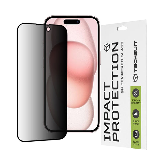 Pellicola protettiva per schermo Privacy Techsuit per Apple iPhone 16 / 15, Vetro temperato, Full Glue, 111D