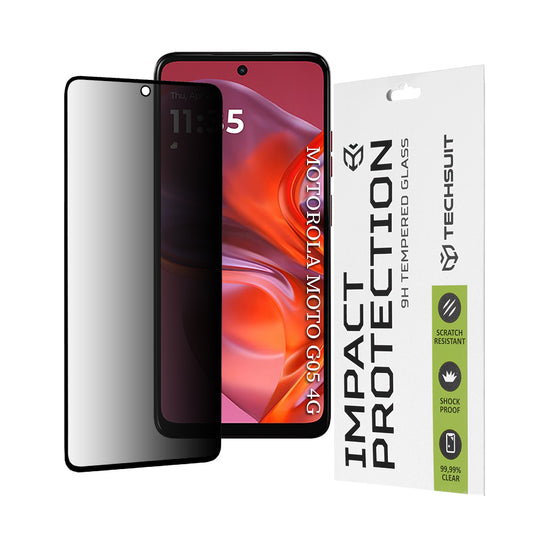 Pellicola protettiva per schermo Privacy Techsuit per Motorola Moto E15 / G05, Vetro temperato, Full Glue, 111D