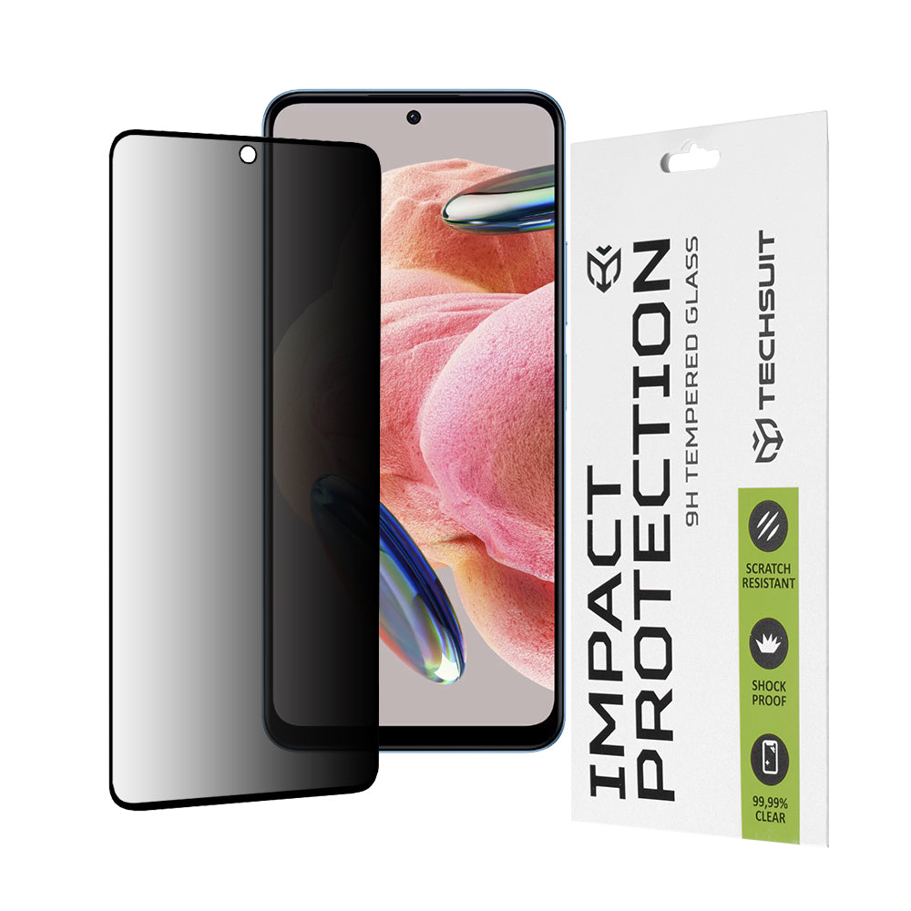 Pellicola protettiva per schermo Privacy Techsuit per Xiaomi Redmi Note 12 4G / Poco X5 / Note 12 5G, Vetro Temperato, Full Glue, 111D