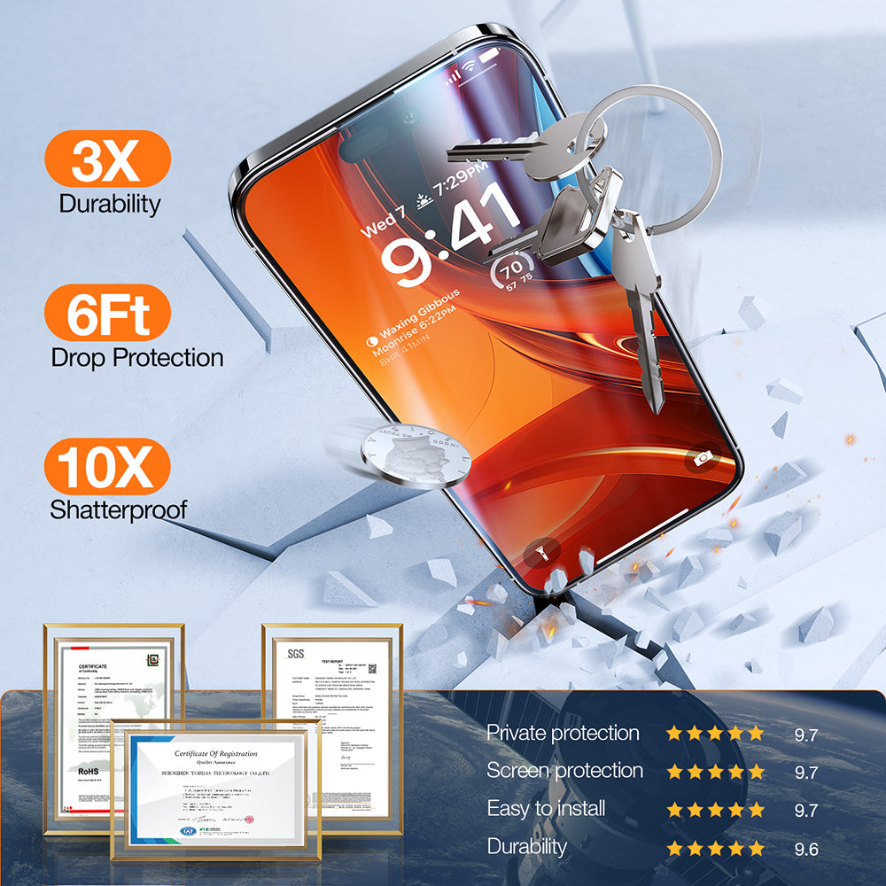 Pellicola Protettiva Schermo Privacy Torras GlassGo Epic per Apple iPhone 15 Pro Max, Vetro Temperato, Full Glue